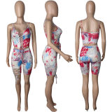 Fashion printing shorts set with hollow out two piece bandage M054