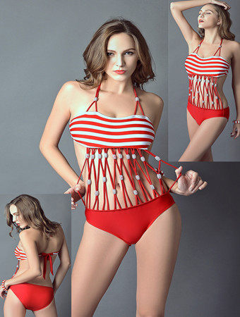 Red and white stripes sexy swim suit M5401