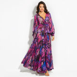 Summer long sleeve V-neck green leaf print maxi dress M8389