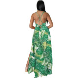 European And American Fashion Women's Print Halter Long Dress 9400