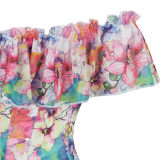 Floral Print Sexy Corset Shirt ff Shoulder Ruffles Sleeves Overbust Corset Top WK1903a