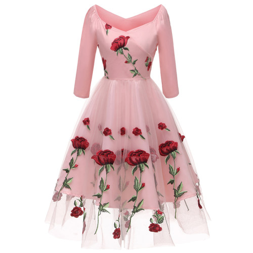 Rose Embroidery Dinner Party Lady Evening Net Yarn Dress Wedding Sexy CD1657