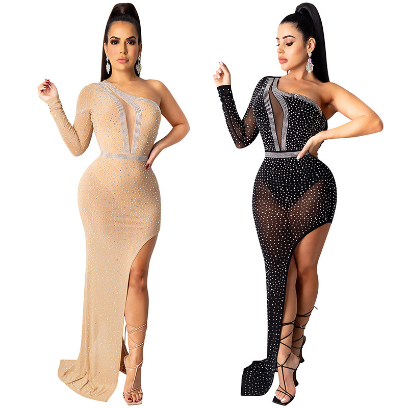 Rhinestone Mesh Women Evening Elegant Single Cuff Sexy Night Dresses X5028