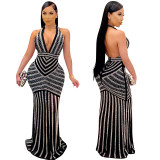 Sexy Deep V Backless Sequin Evening Ironed Drill See Through Long Party Dress X3816