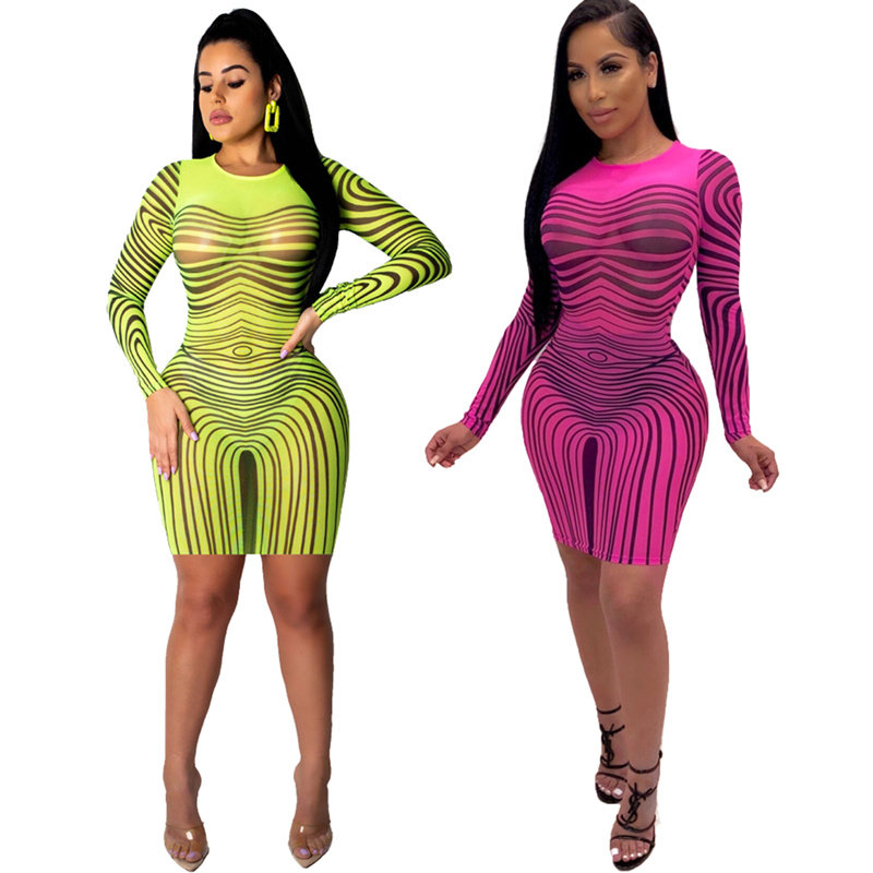 Long Sleeve Striped Mesh Sexy Bodycon Dresses M8366