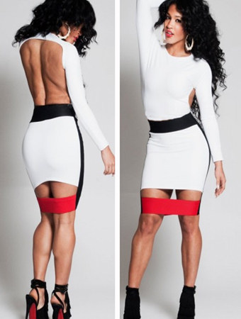 White Hollow Out Backless Long Sleeves Wholesale Bandage Bodycon Midi Dress M3837