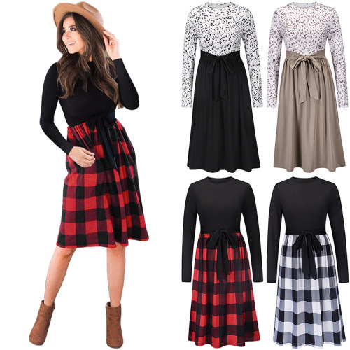 Leopard Print Plaid Long Stitching Body Lace Up Ladies Evening Jersey Dress LQ169