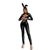 Sexy Open Crotch Women Patent Leather Bright Jumpsuit Sex Uniform 68039