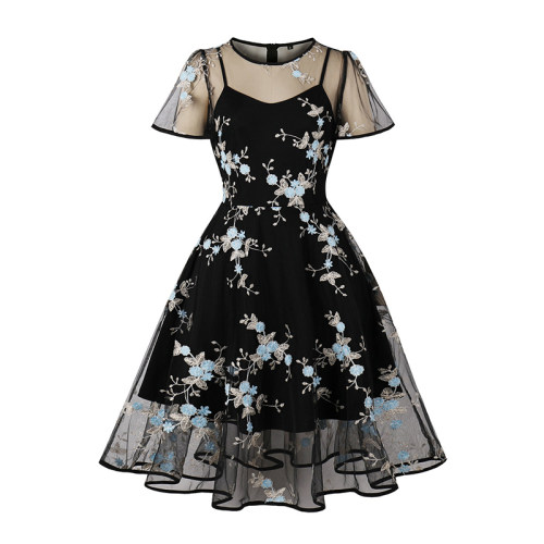 Mesh Patchwork Flying Sleeve Style Swing Mid Length Vintage Dress 5061