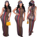 High Stretch Sexy Striped Bodycon Dress With Head Scarf M8288