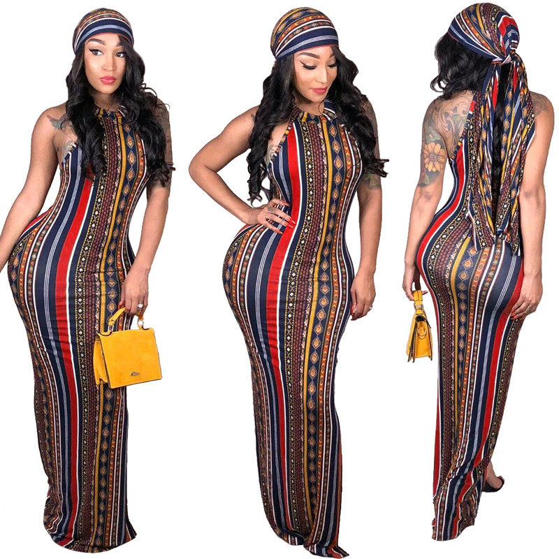 High Stretch Sexy Striped Bodycon Dress With Head Scarf M8288