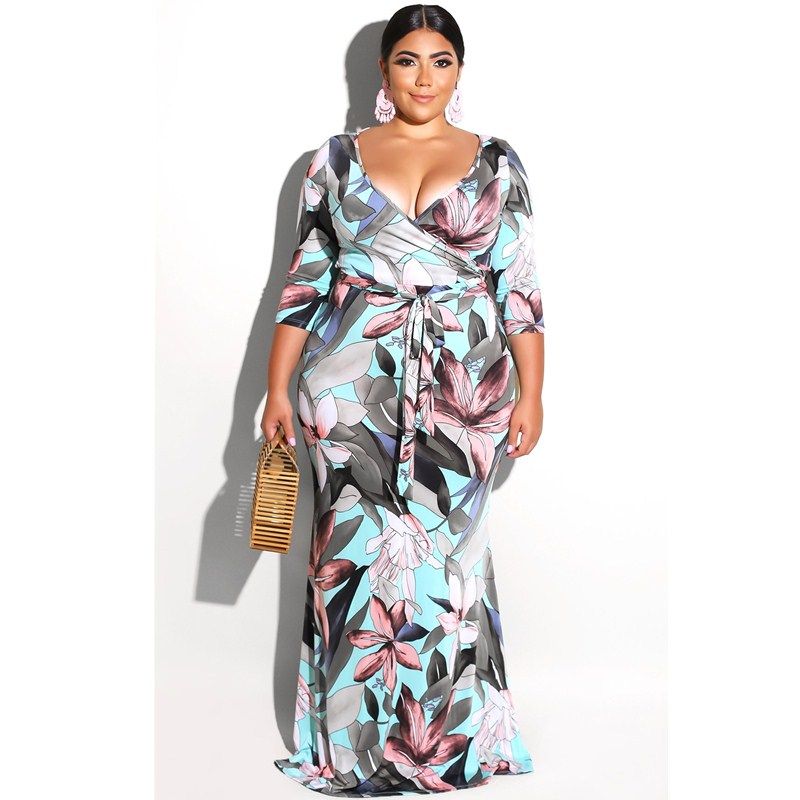 5XL 6XL Lady Elegant Sexy V Neck Floral Print Bandage Long Maxi Dress M9026