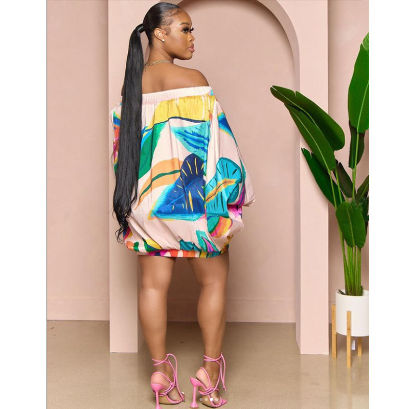 Women's Clothing  Line Shoulder Lantern Sleeve Printed Dress YM8623