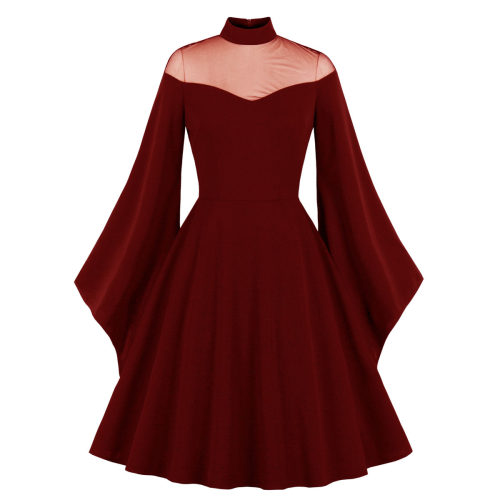 Women Fashion Elegant Mesh Patchwork Flare Sleeve Party Dress M3067
