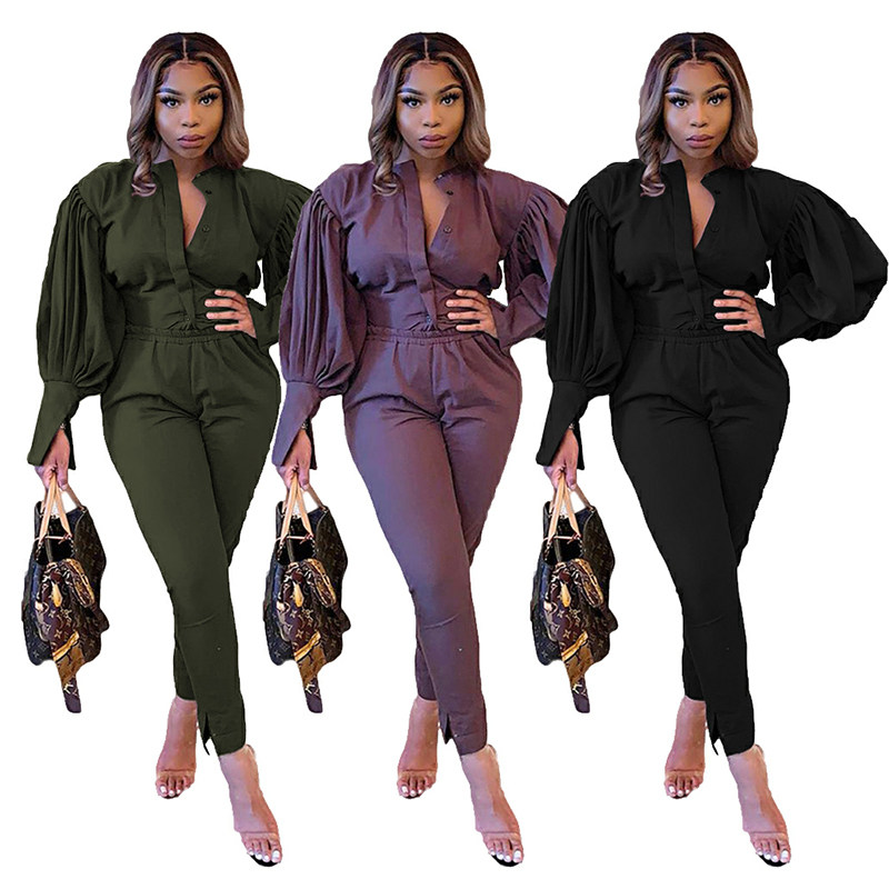 Puff Sleeve Top Plus Size Two Piece Outfi Sets Women M039