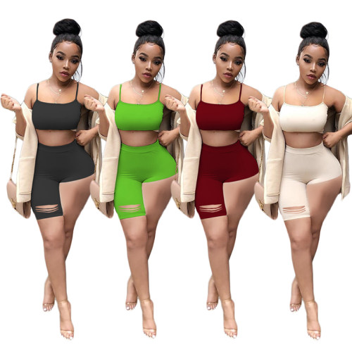 Sexy Tube Top Trendy Crop Top And Pants Solid Two Piece Set Short Set M050