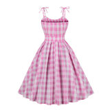Sexy Halter Pink Plaid Women Casual Sweet Bow Barbie Midlength Dress 5170