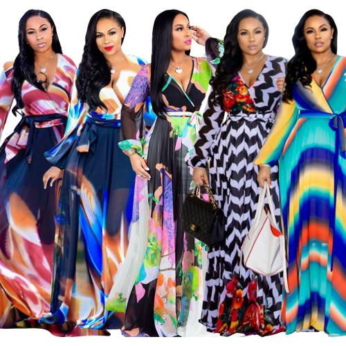 New Summer Printed Chiffon V-neck Maxi Dress M8380