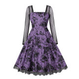 Gothic Mesh Long Sleeves Lace Retro Black Rose Drawing Halloween Dress M5150
