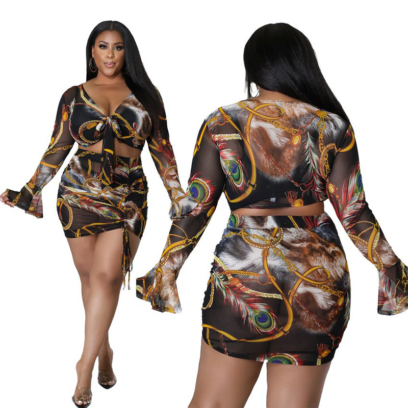 Women Printed Long Sleeved Hip Sexy Drawstring Dress Two Piece Set 8618
