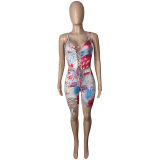 Fashion printing shorts set with hollow out two piece bandage M054