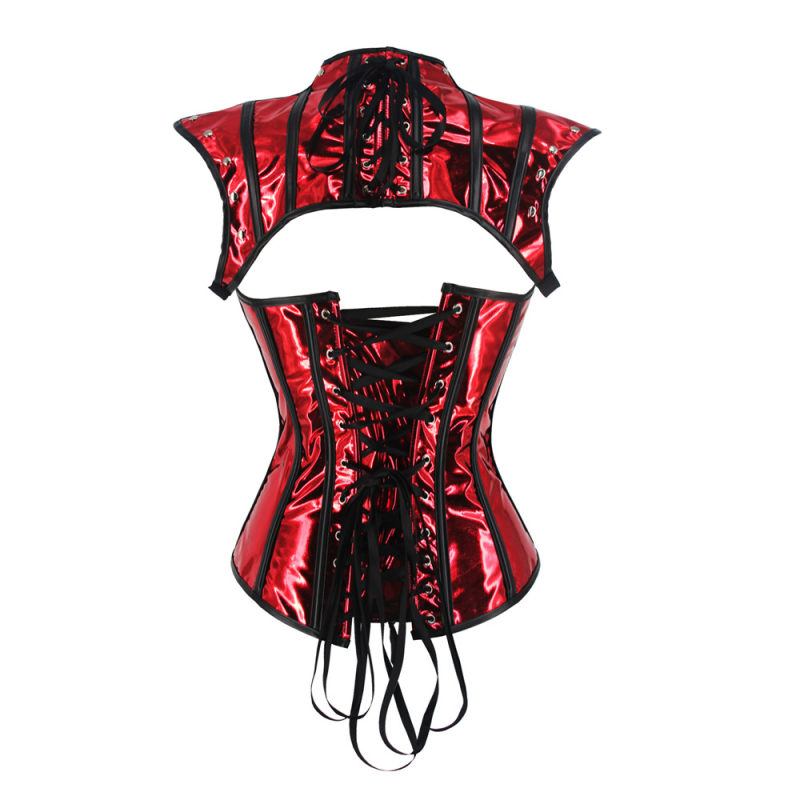 Retro Shiny Metallic Faux Leather Corset Set Women Overbust Bustier Femme Punk Clothing WK2304b