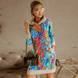 Sweatshirt Hooded Contrast Color Print Loose Long Sleeve Casual Dresses LQ153