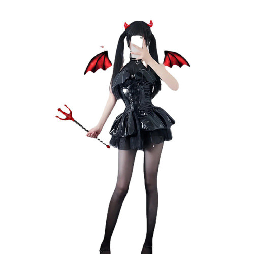Women Imp Bat Patent Leather Witch Dress Costume Daemon Uniform Cosplay FSM096