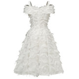 Sexy Suspenders Gown Evening Feather Formal Elegant Party Dress CD1715