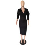 Elegant V Neck Batwing Sleeve Knee Length Bodycon Dress m8385