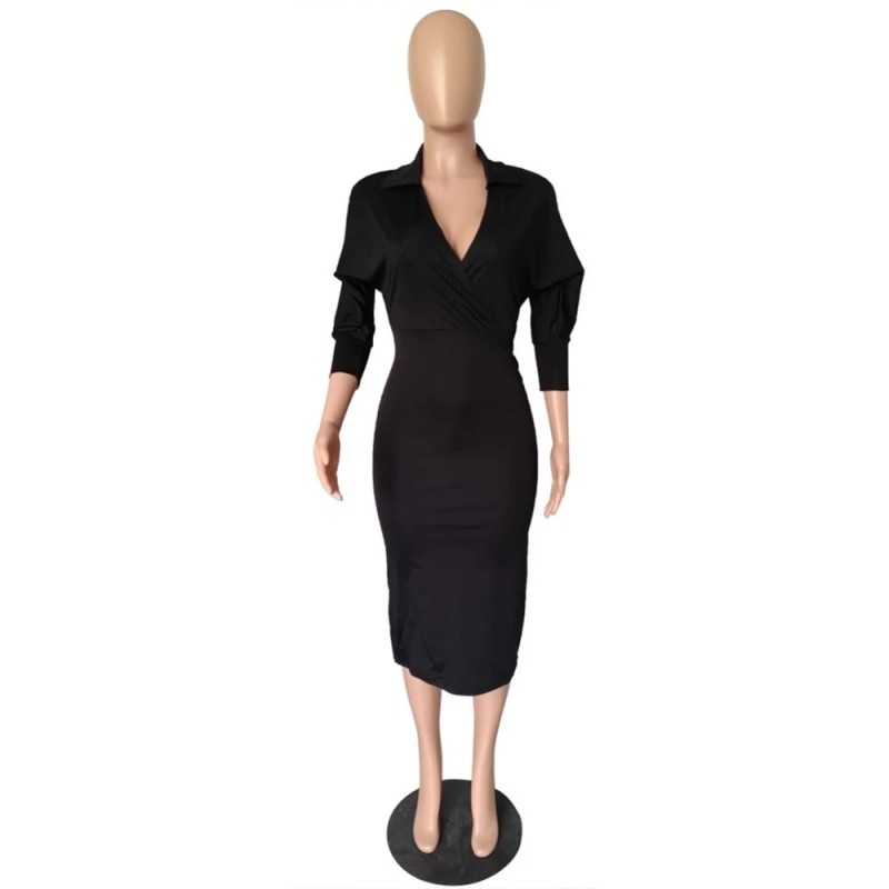 Elegant V Neck Batwing Sleeve Knee Length Bodycon Dress m8385