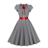 Women Retro Dress Black And White Check Belt Slimming Casual Dress 5039