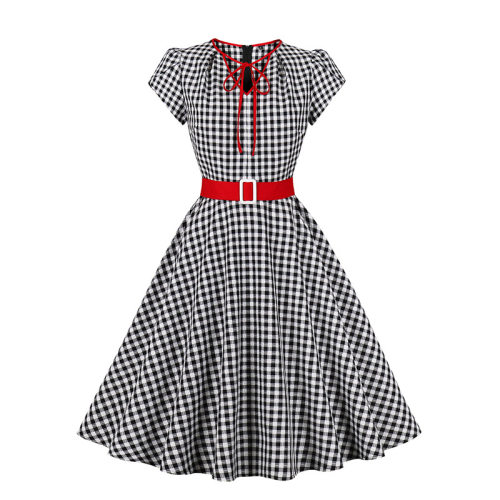 Women Retro Dress Black And White Check Belt Slimming Casual Dress 5039