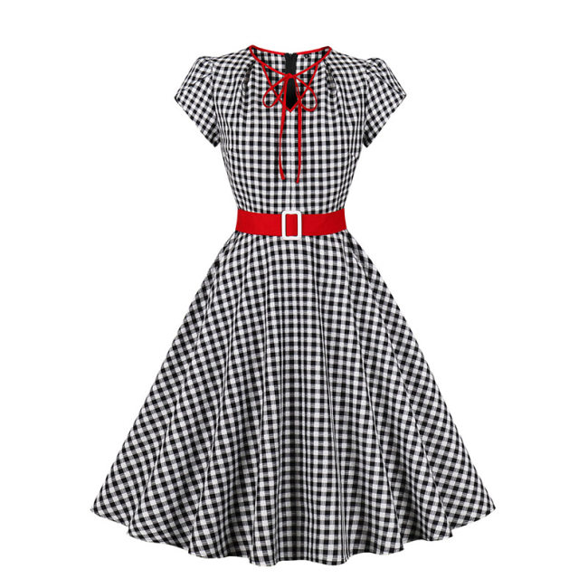 Women Retro Dress Black And White Check Belt Slimming Casual Dress 5039