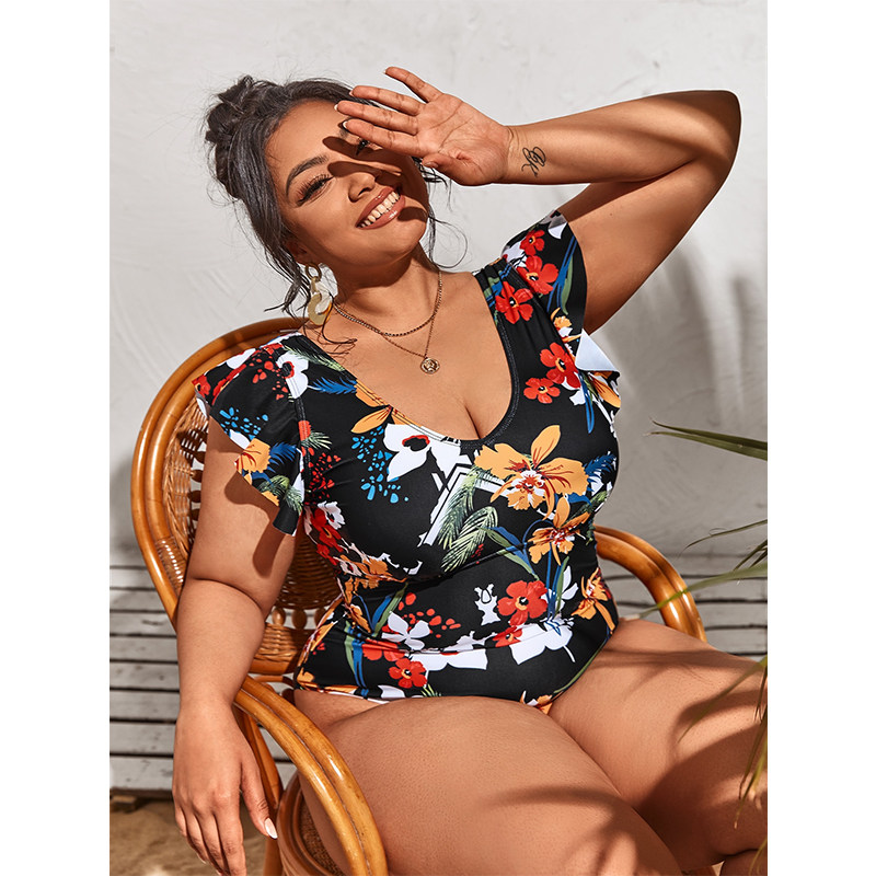 Print Bikini One Piece Swimsuit Plus Size Women Short Sleeve Swimsuit 387