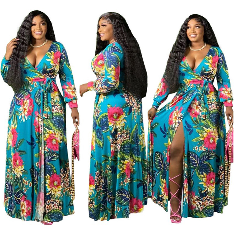 Women V-Neck Vintage Sexy Floral Halter Plus Size Casual Dress 86117