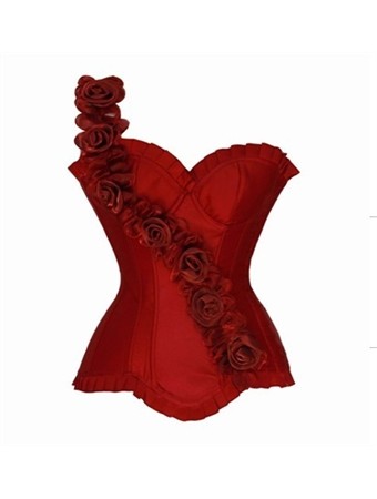 red satin corset with one-shouder flower decorated m1885c