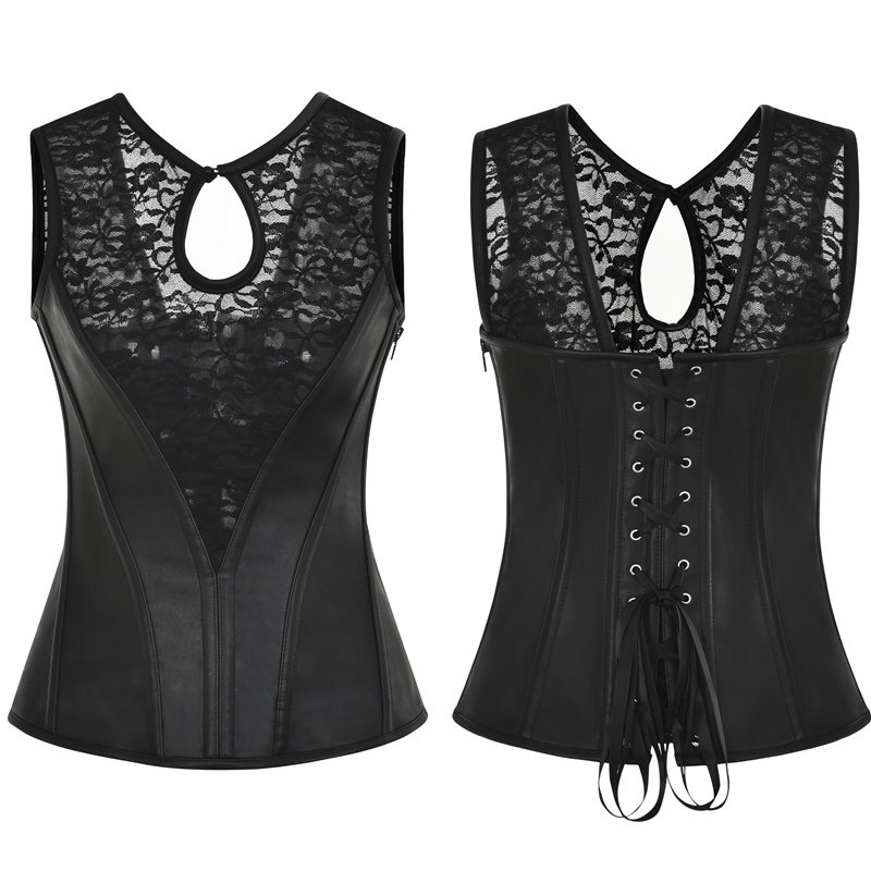 Sexy Lace Patchwork Leather Steampunk Corset Vest M1427