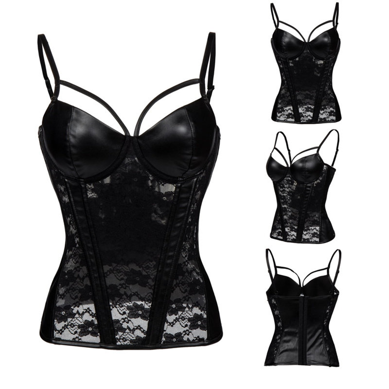 Women Black Leather Lace Patchwork Waist Trainer Corsets m1405