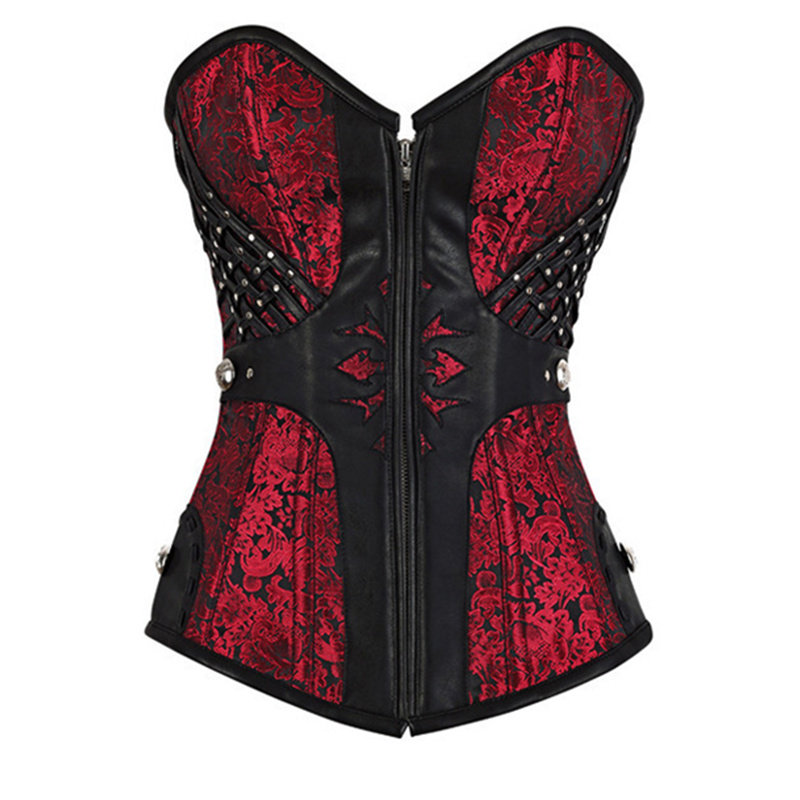 12 Steel Boned Black Red Steampunk Corset Zip Patchwork M1412