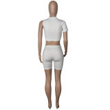Cut Out Pants Women One Sleeve Crop Top Sexy Two Piece Set M062