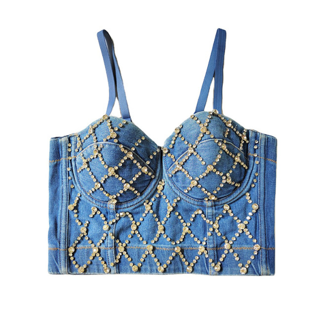 Denim Blazer Shaped Top With Chest Pad Nailed Beaded Vest 8972