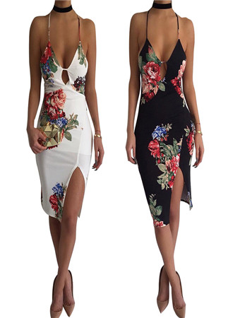 Sexy Lady Summer Deep V Neck Halter Floral Print Strap Dress