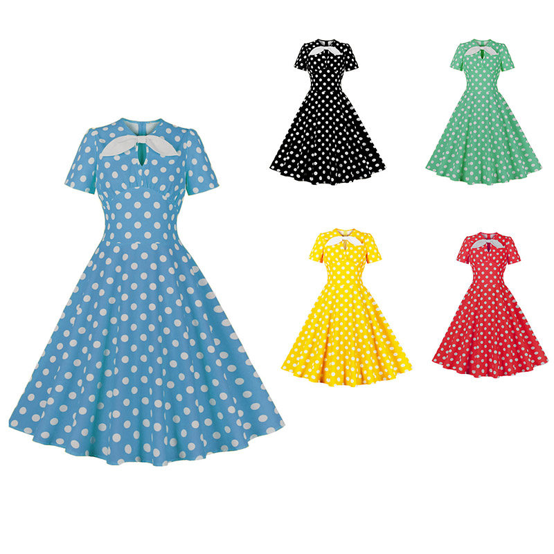 Hepburn Style Round Neck Bow Lace Up Polka Dot Retro Swing Dress Woman 5157