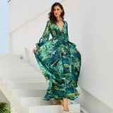 Summer long sleeve V-neck green leaf print maxi dress M8389