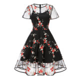 Mesh Patchwork Flying Sleeve Style Swing Mid Length Vintage Dress 5061