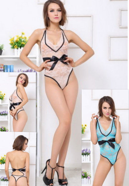 Neck Bowknot Lace Lingerie Teddy M2092