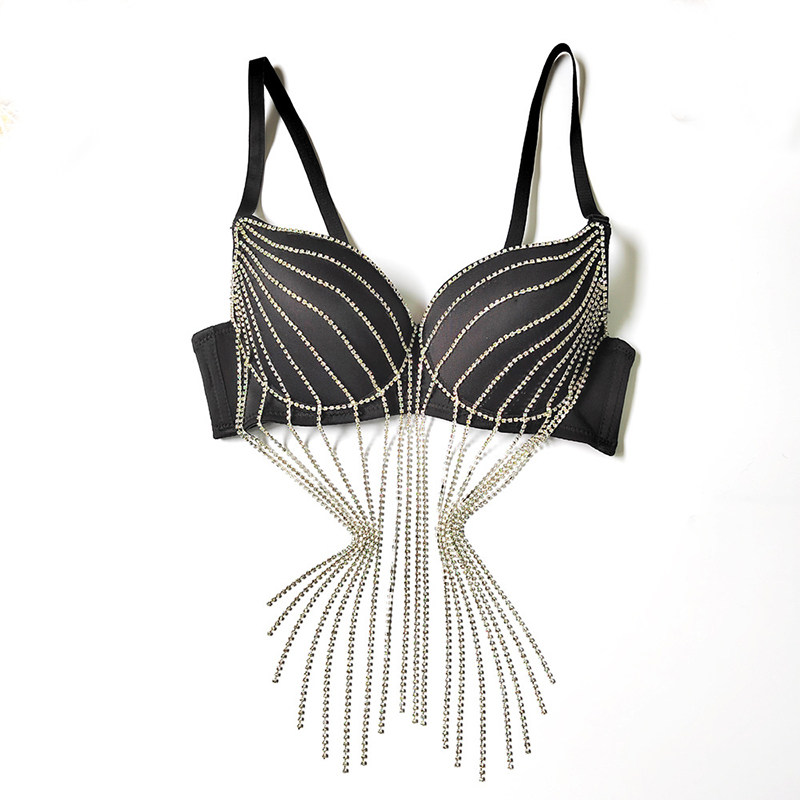 Rhinestone Suspender Tassel Vest Scrub Top Nightclub Stage Style Bra KN8373