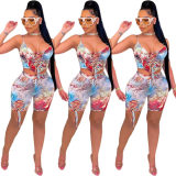 Fashion printing shorts set with hollow out two piece bandage M054