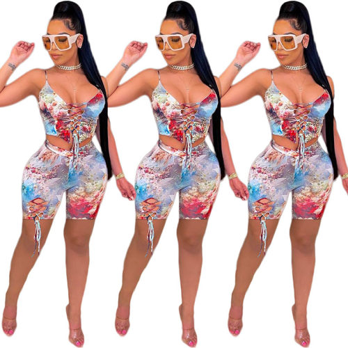 Fashion printing shorts set with hollow out two piece bandage M054